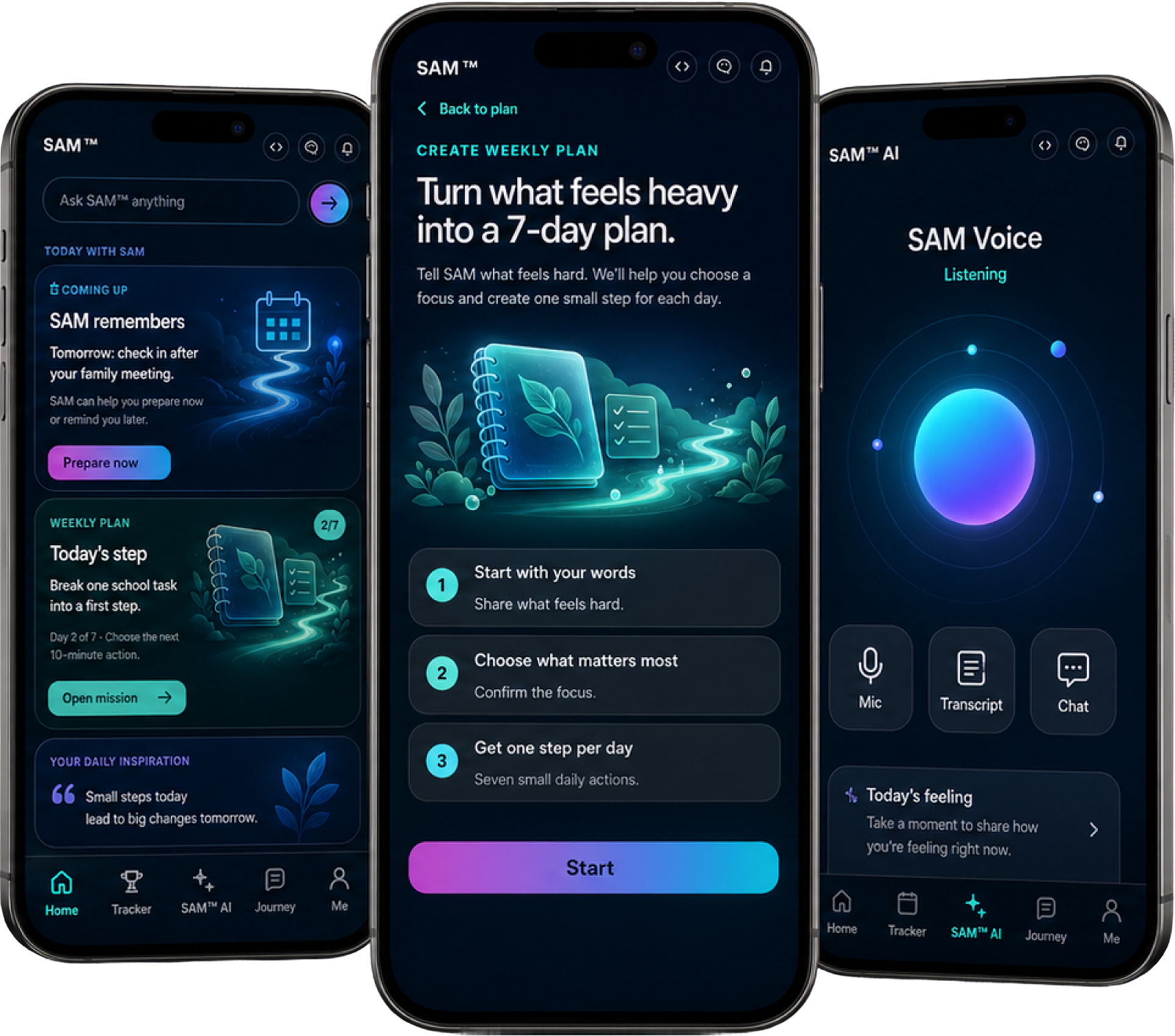 SAM AI sobriety and addiction mentor app interface